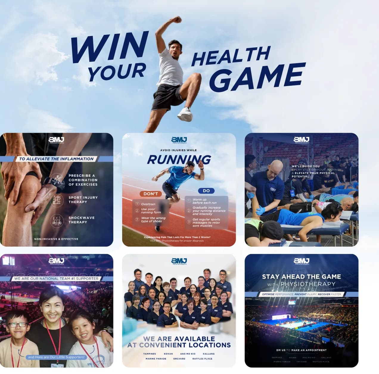 BMJ Physiotherapy social posts with athletes and Win Your Health Game headline