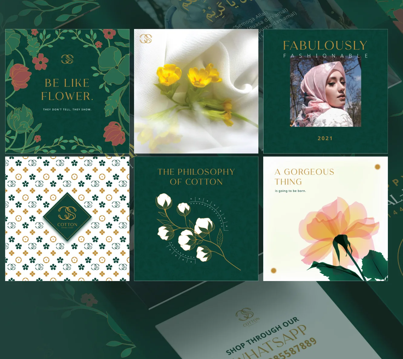Cotton Spring social media posts with floral patterns and pastel hijabs