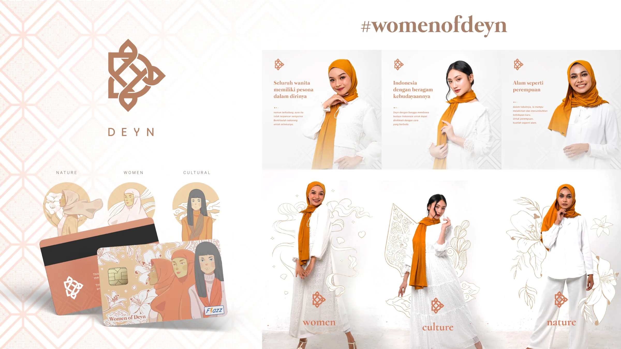 #womenofdeyn campaign with models in orange hijabs and line illustrations