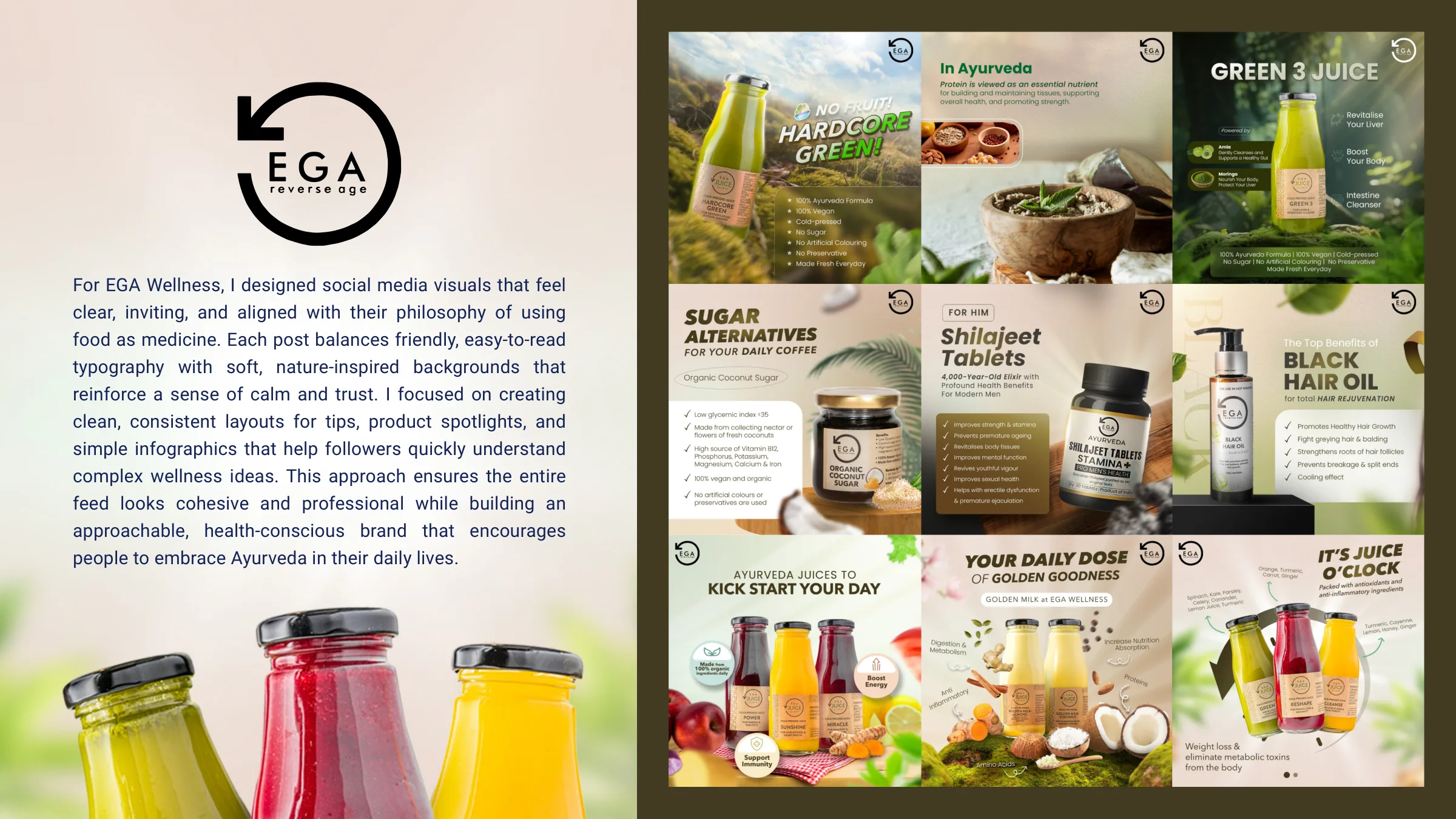 EGA Wellness social media posts with juices and herbal products