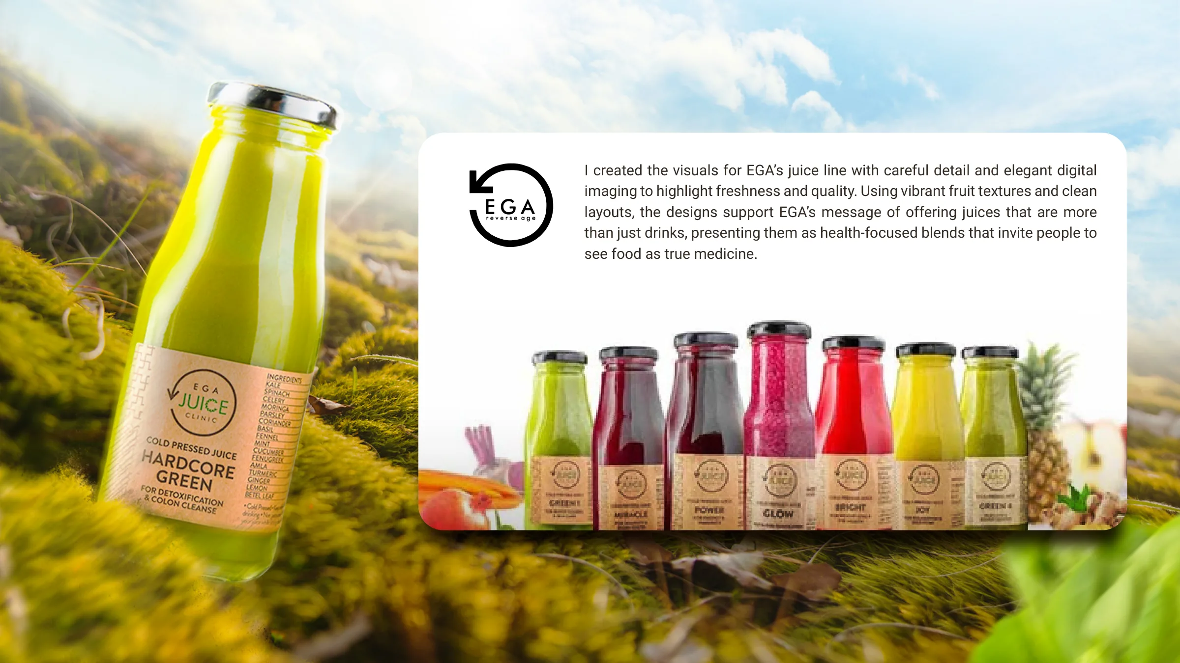 EGA juice bottles lined up in a fresh fruit composite