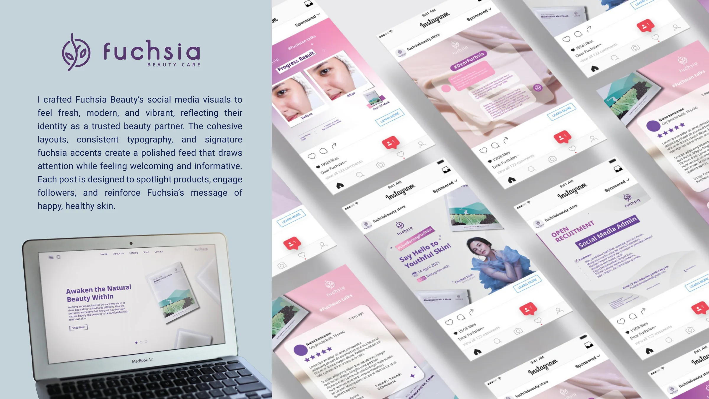 Fuchsia Beauty Care Instagram posts shown on phones