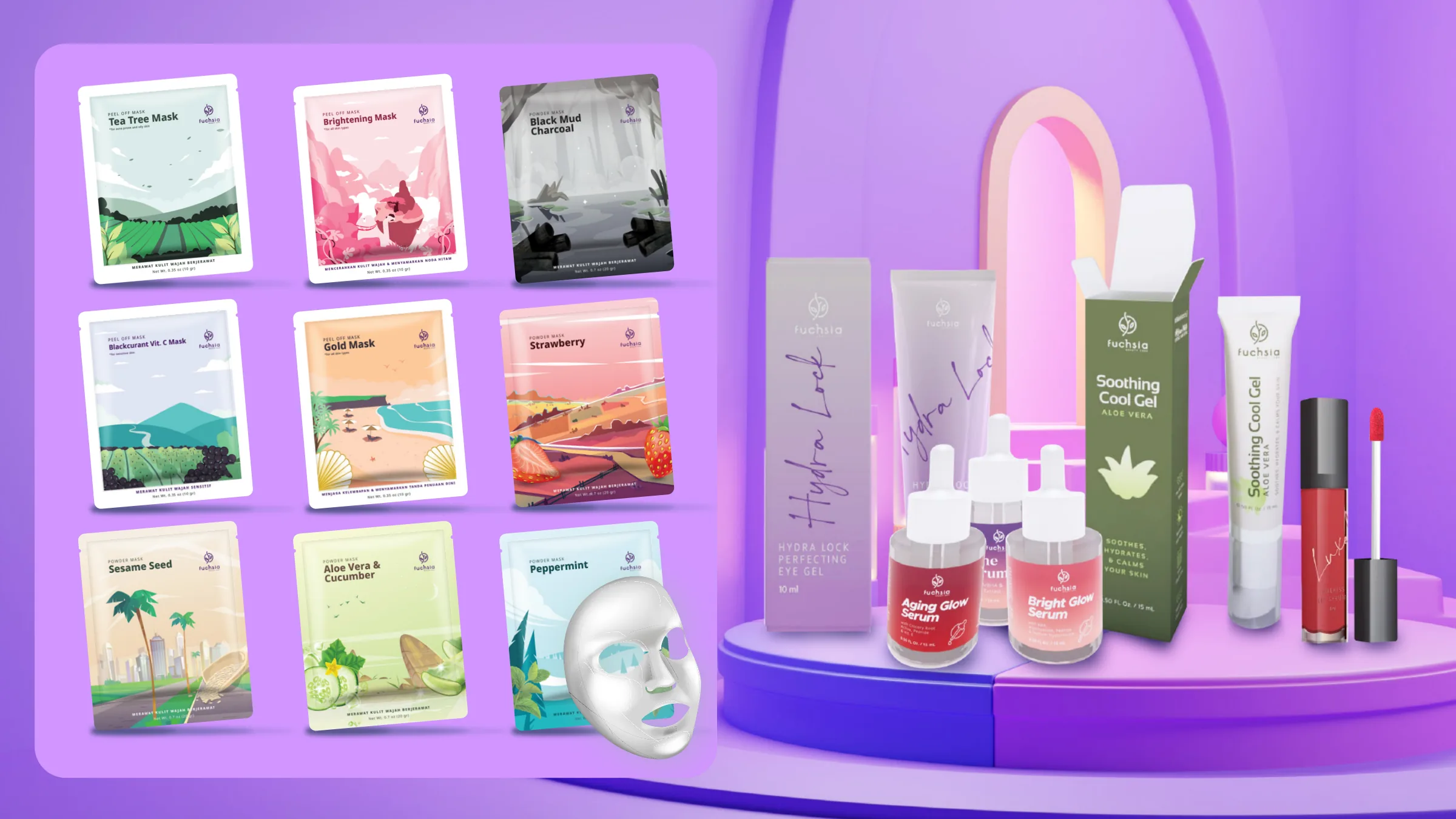Skincare product range staged on a purple podium