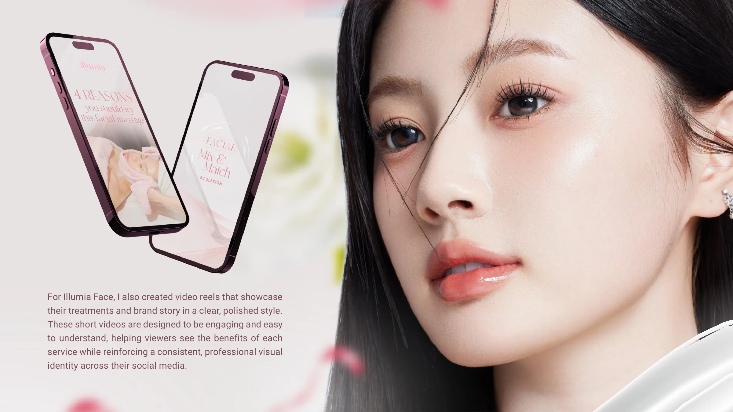 Illumia Face reels shown on phones next to a close-up portrait