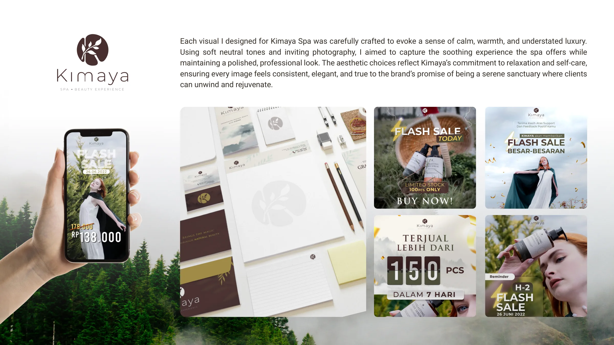 Kimaya Spa stationery and social posts in soft neutrals