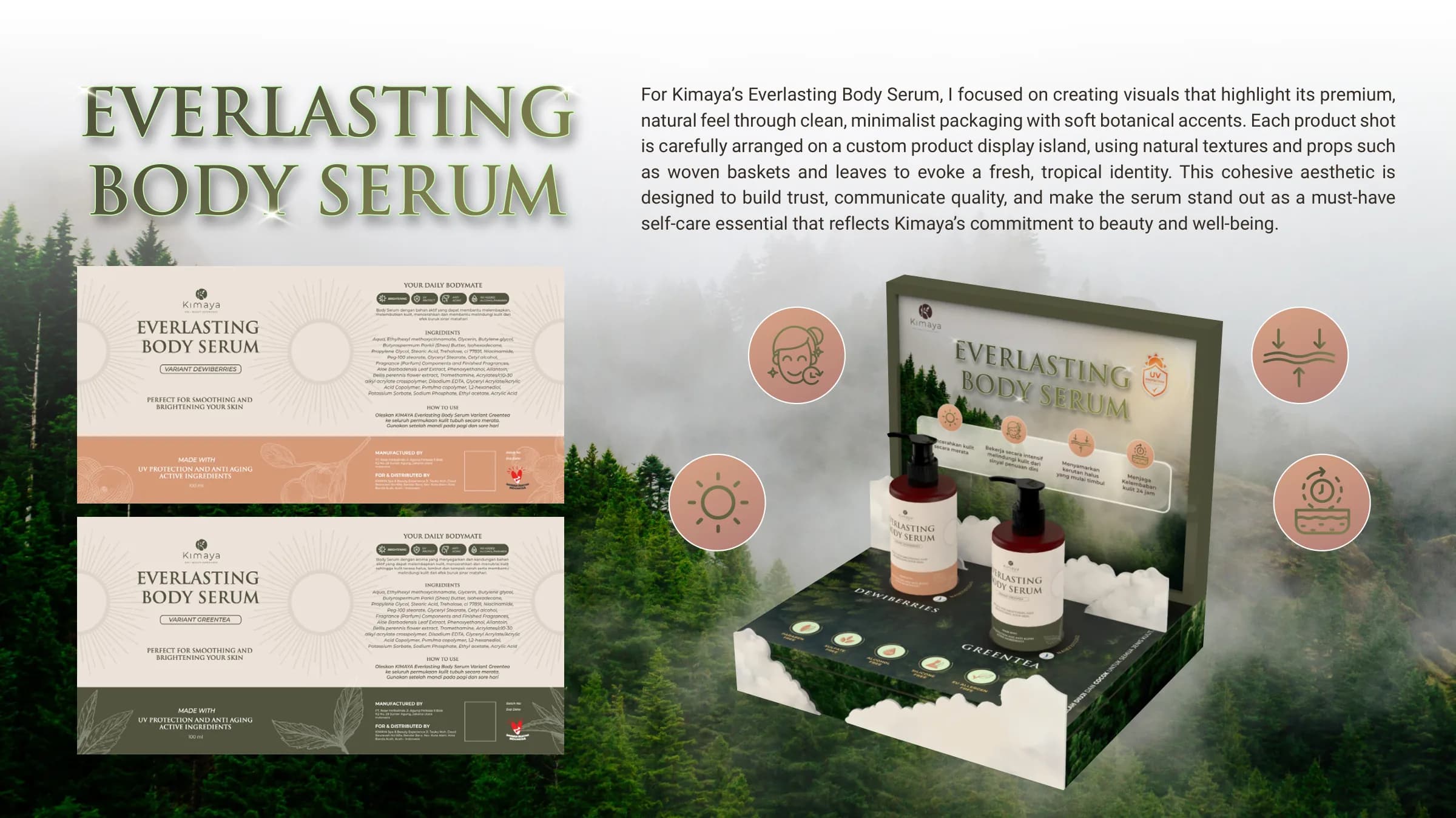 Everlasting Body Serum product display with a forest backdrop