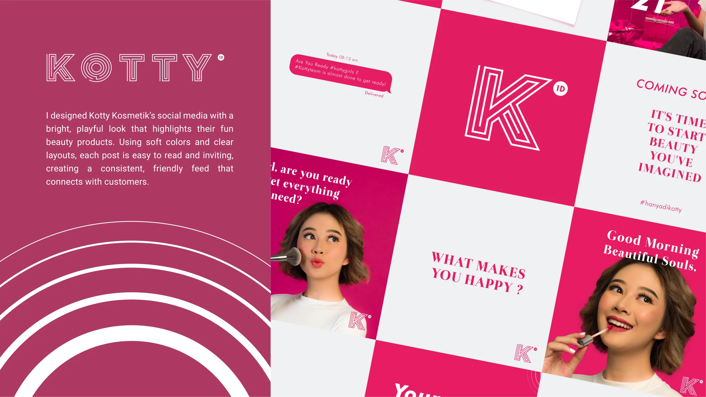 Kotty Kosmetik social posts in hot pink with a checkerboard pattern