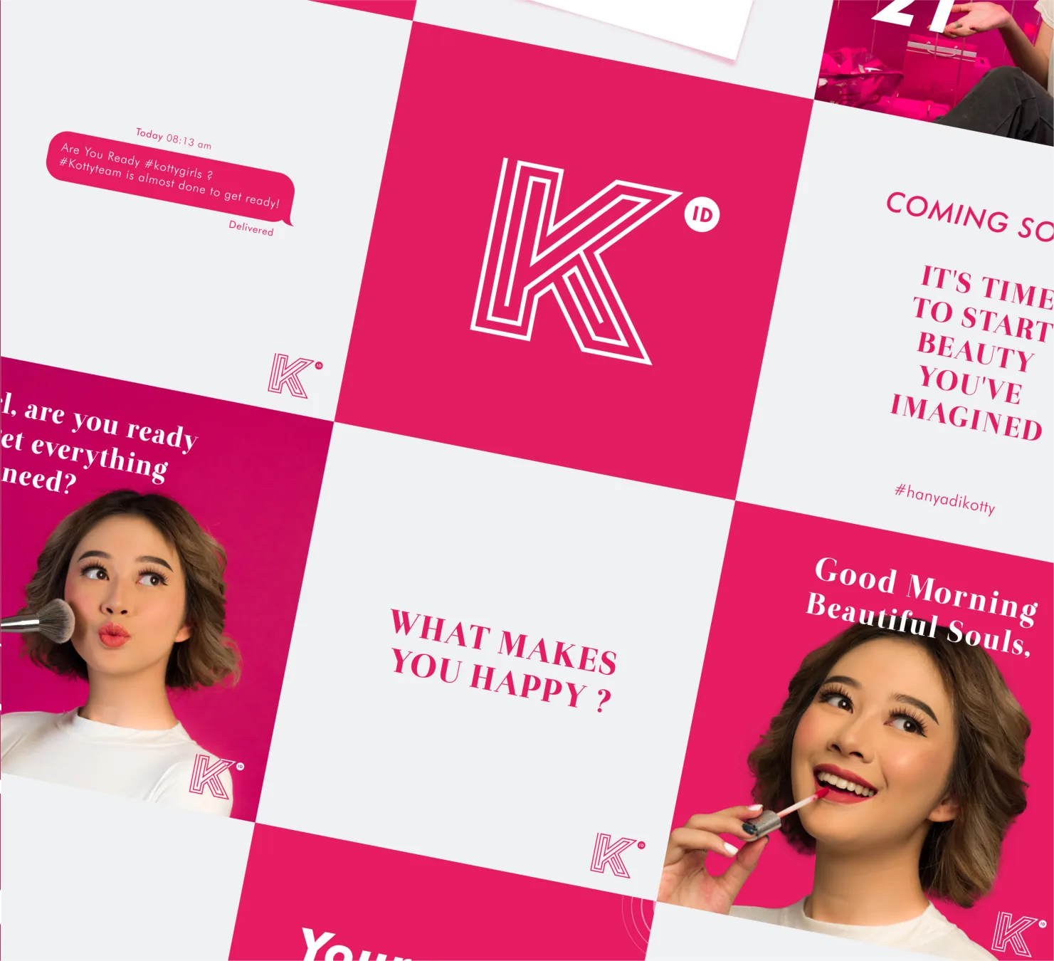 Kotty Kosmetik social posts in hot pink with a checkerboard pattern