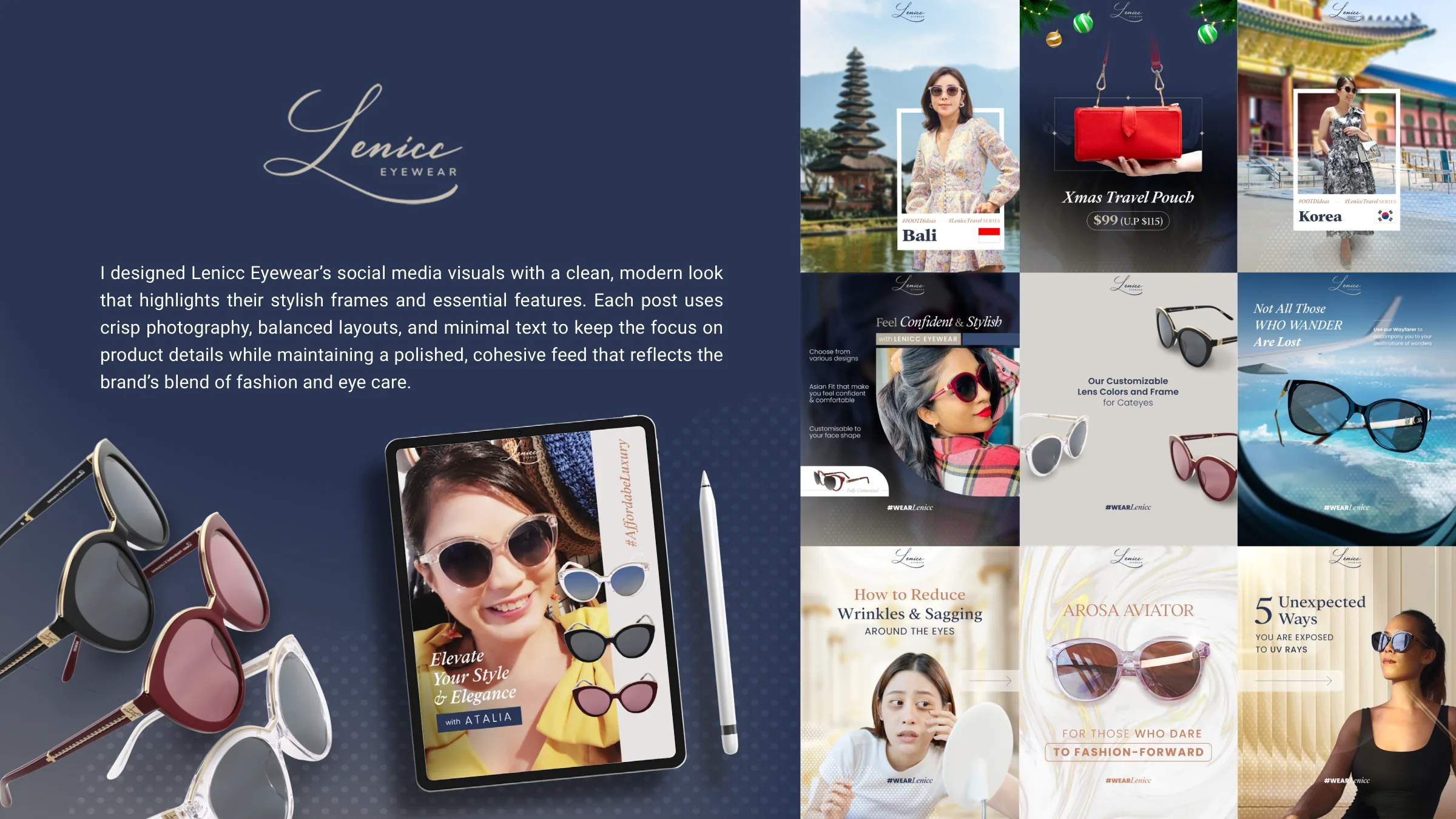 Lenicc Eyewear social media grid with sunglasses and travel themes