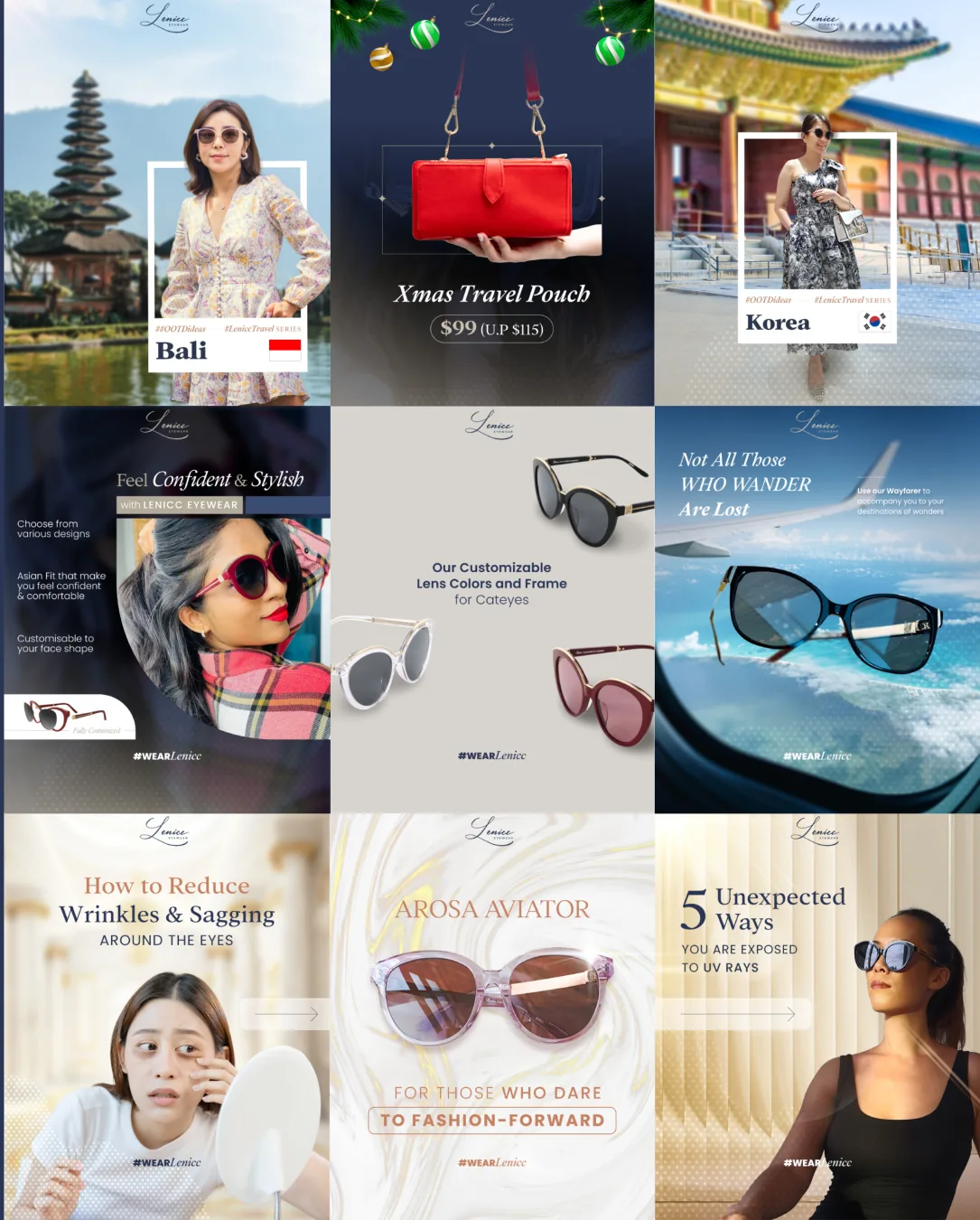 Lenicc Eyewear social media grid with sunglasses and travel themes