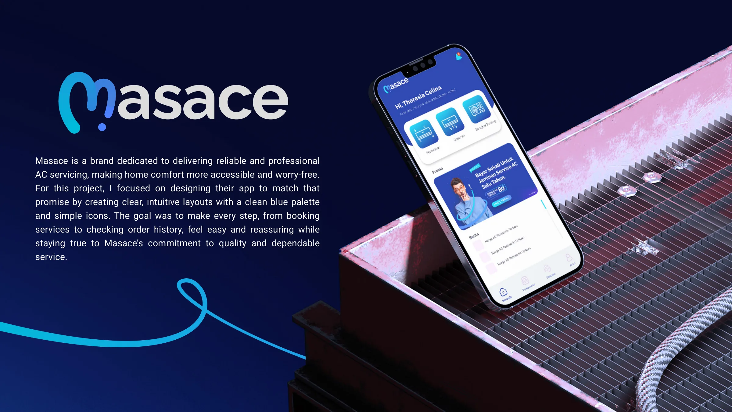 Masace app shown on a phone with a blue interface