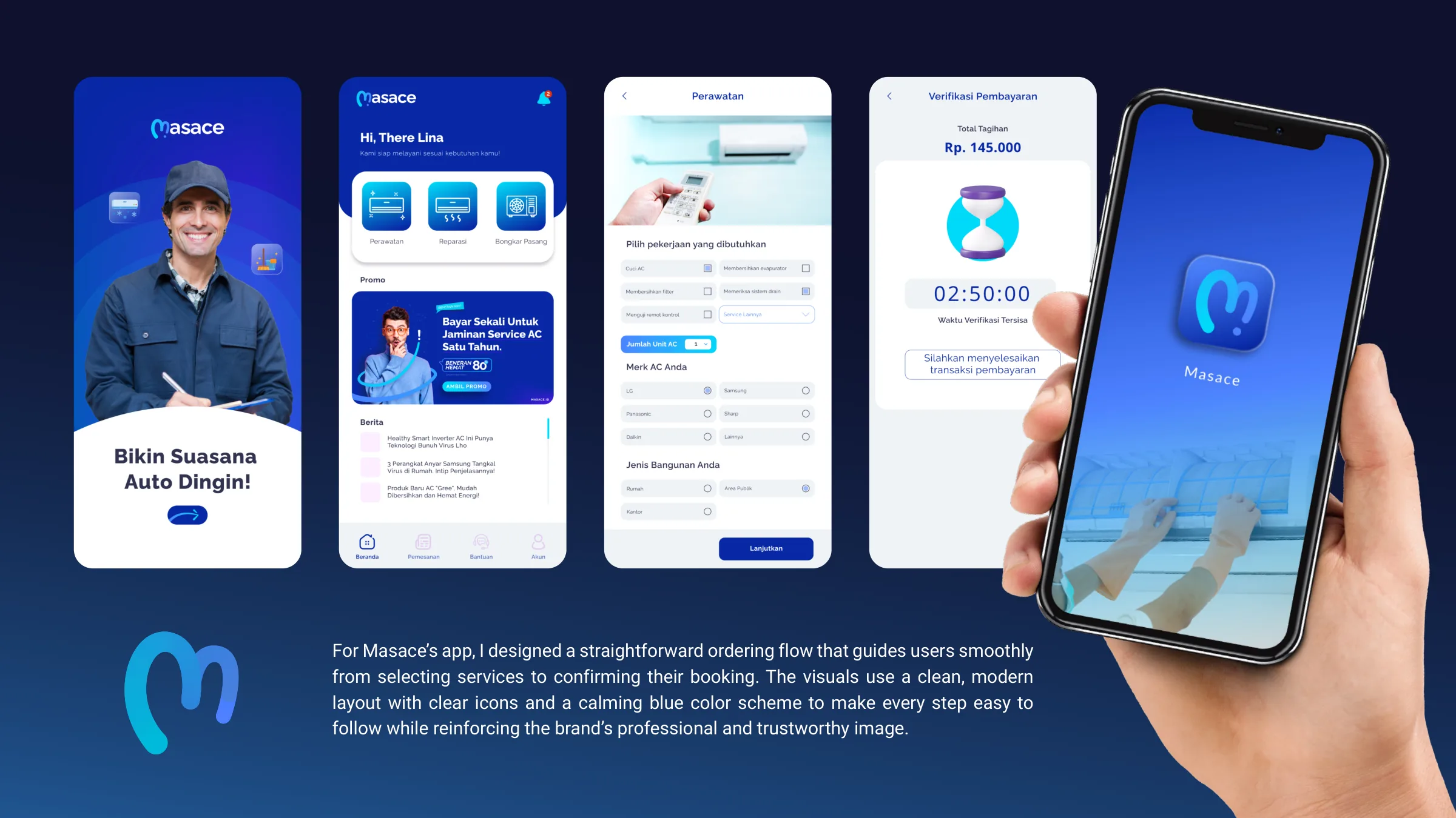 Masace booking flow screens from service selection to payment