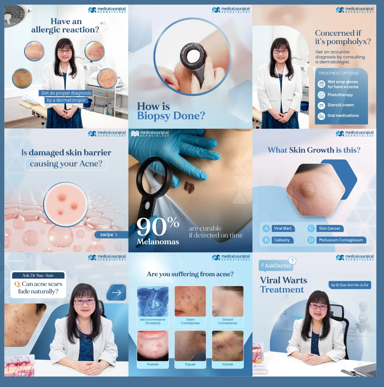 Medical & Surgical Dermatology social posts with a magnifying glass visual