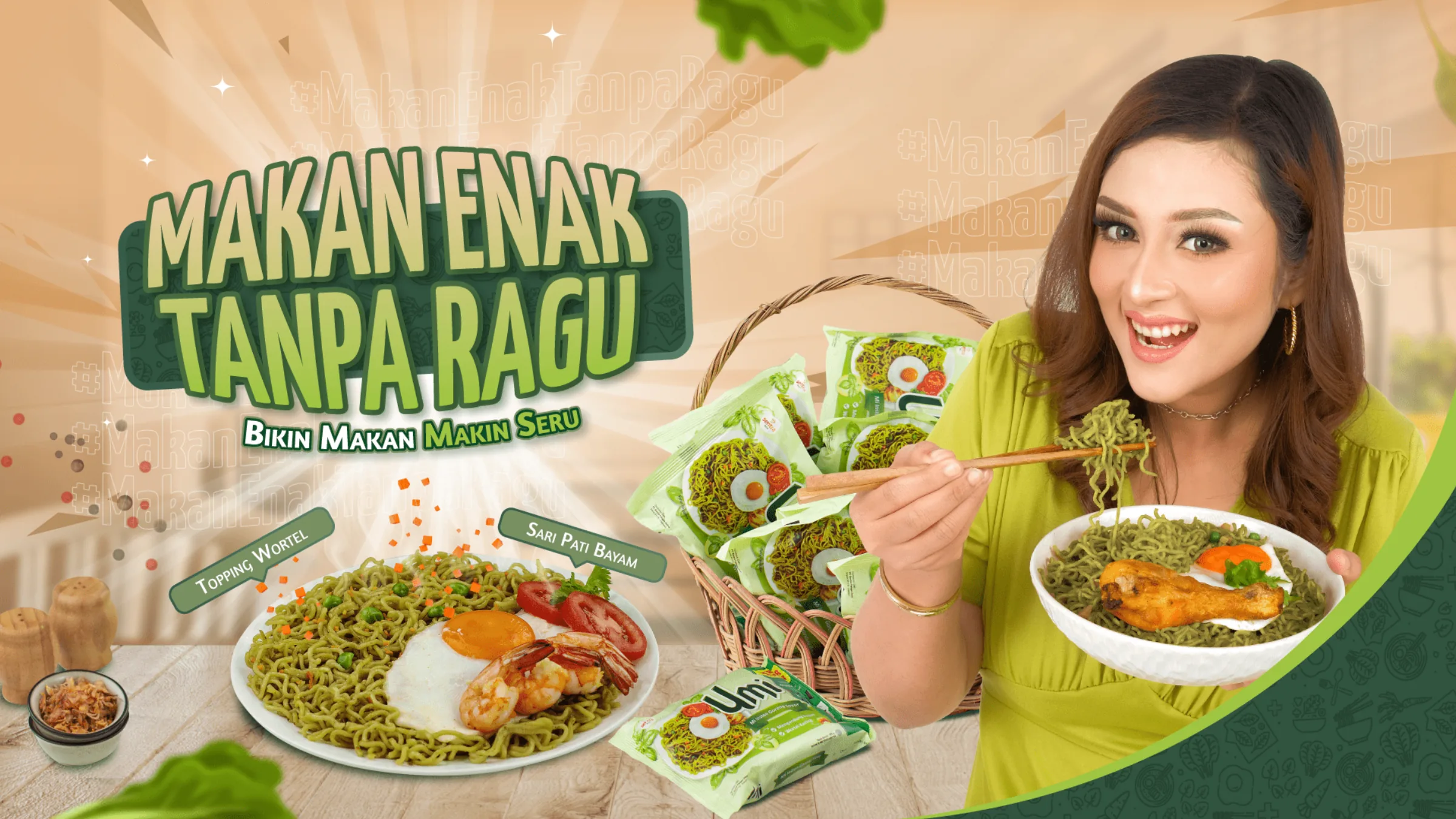 Makan Enak Tanpa Ragu key visual with a woman eating green noodles
