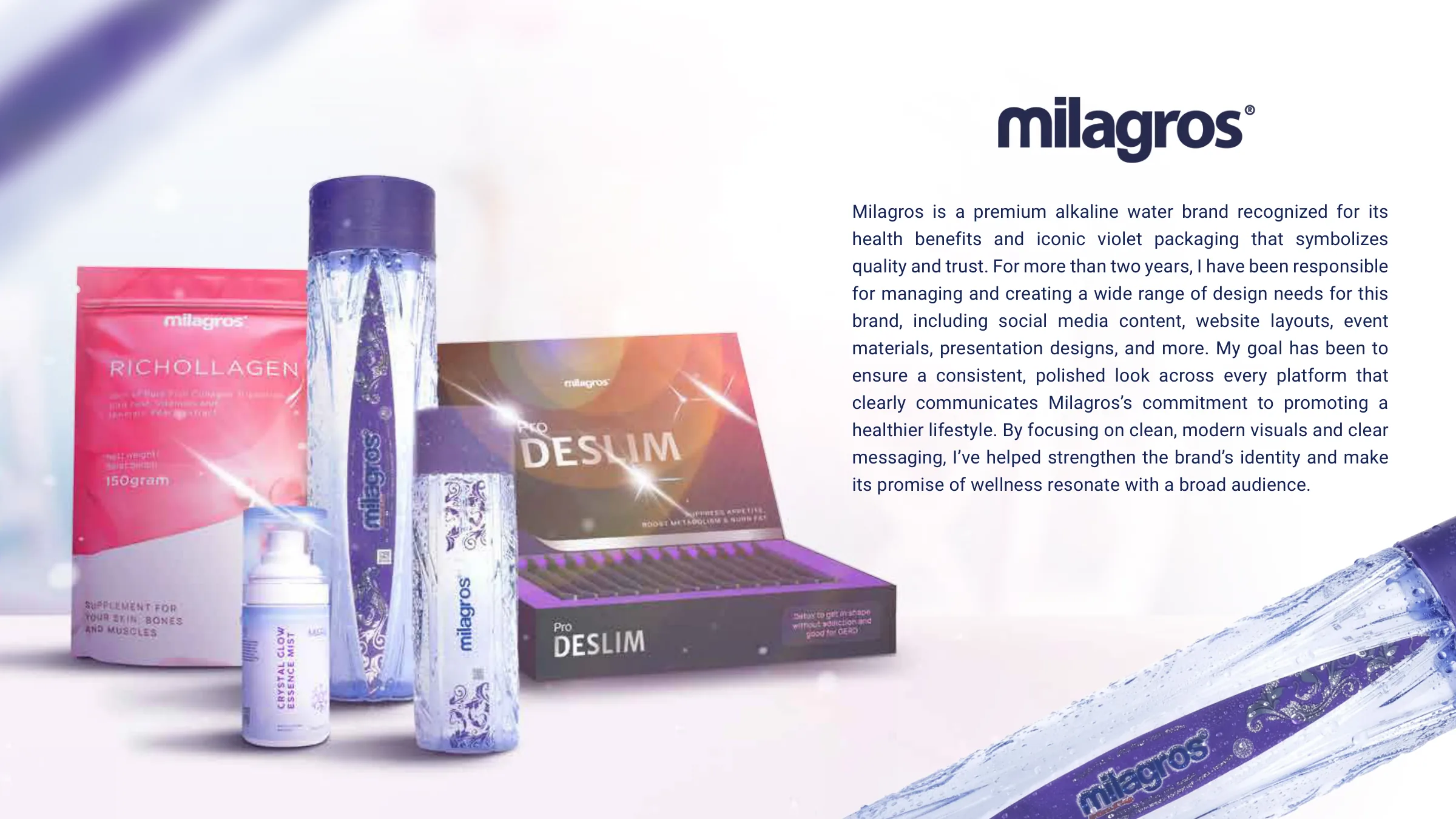 Milagros product range with pink and violet packaging
