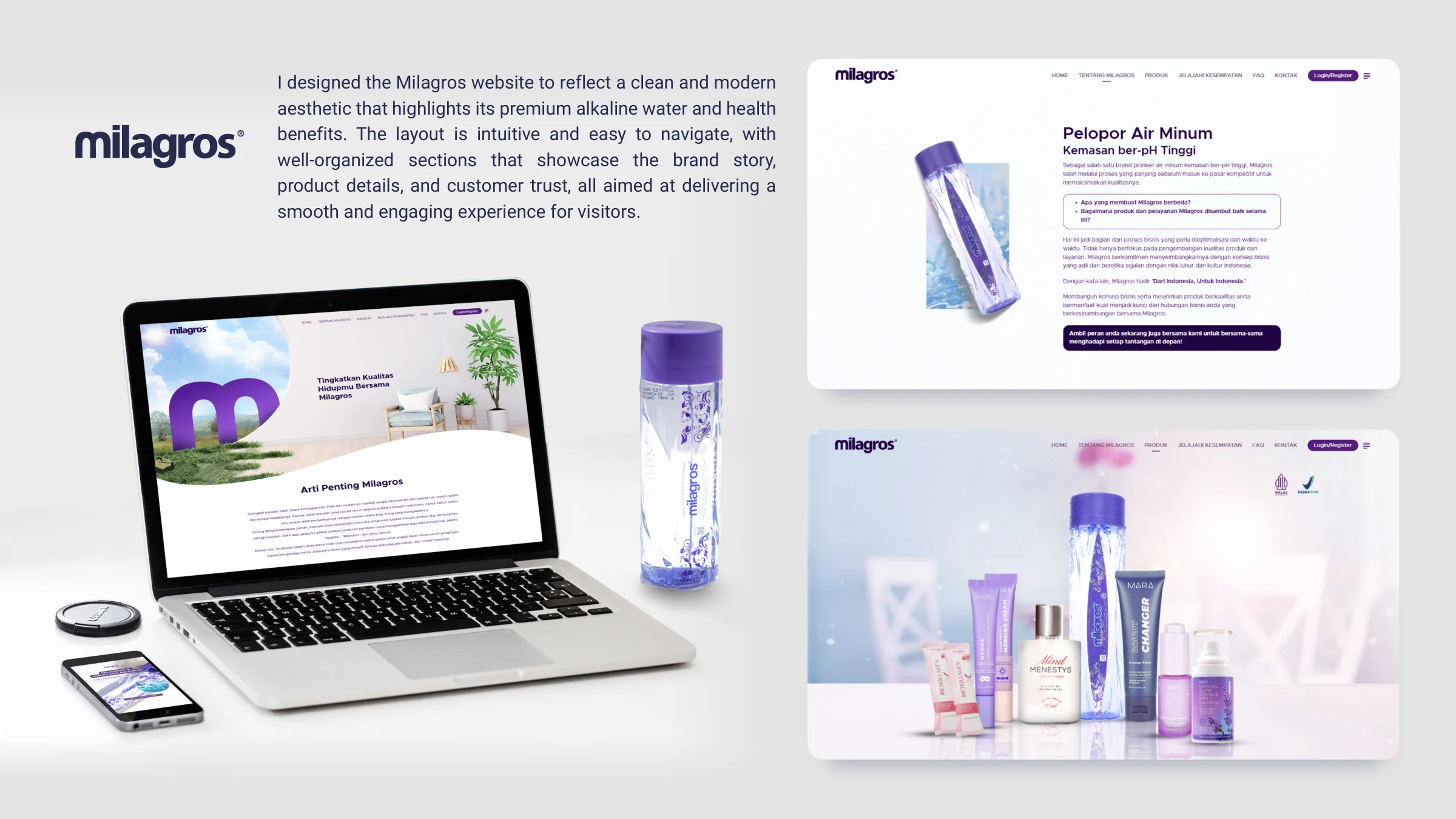Milagros website shown on a laptop, phone and browser layouts