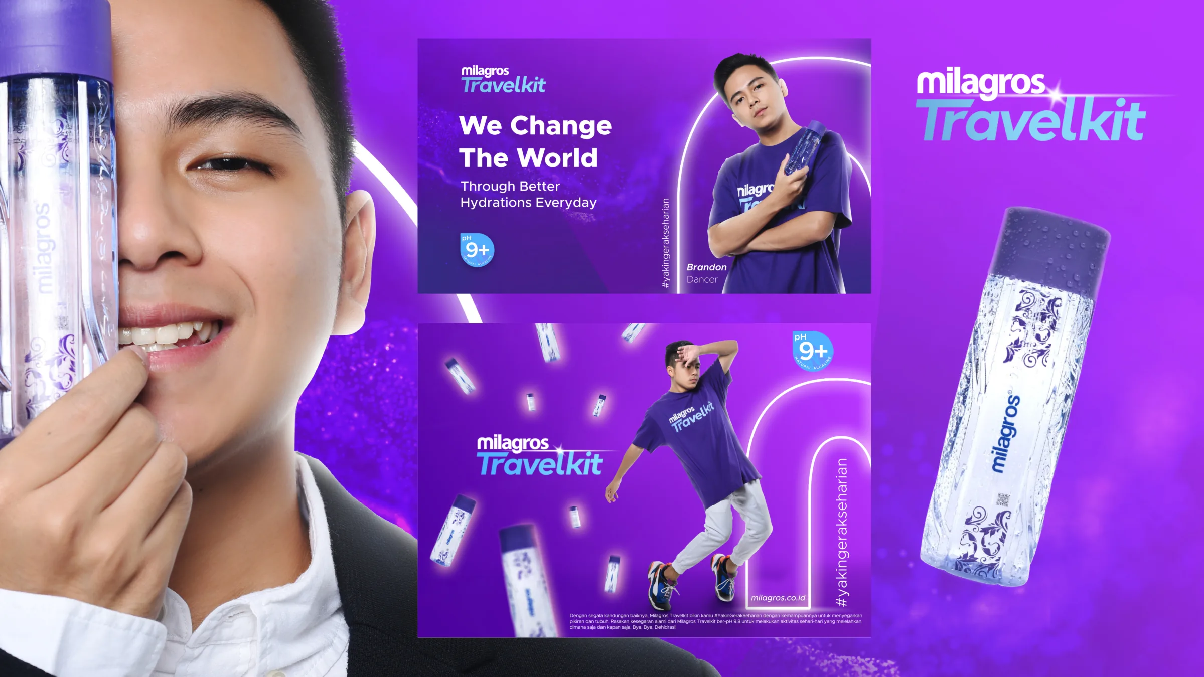 Milagros Travelkit campaign with a smiling model and violet bottles