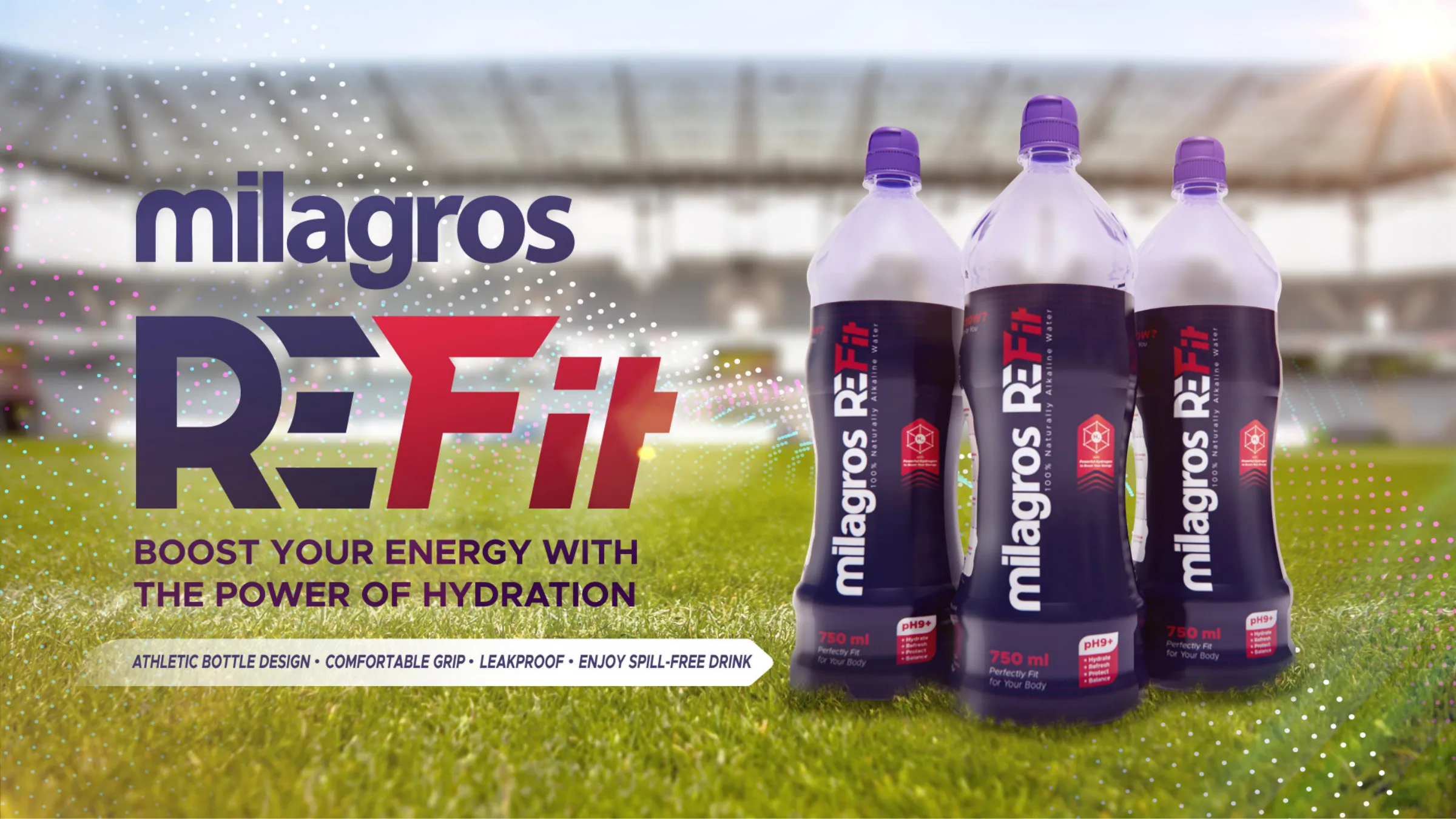 Milagros Refit athletic bottles on a football pitch