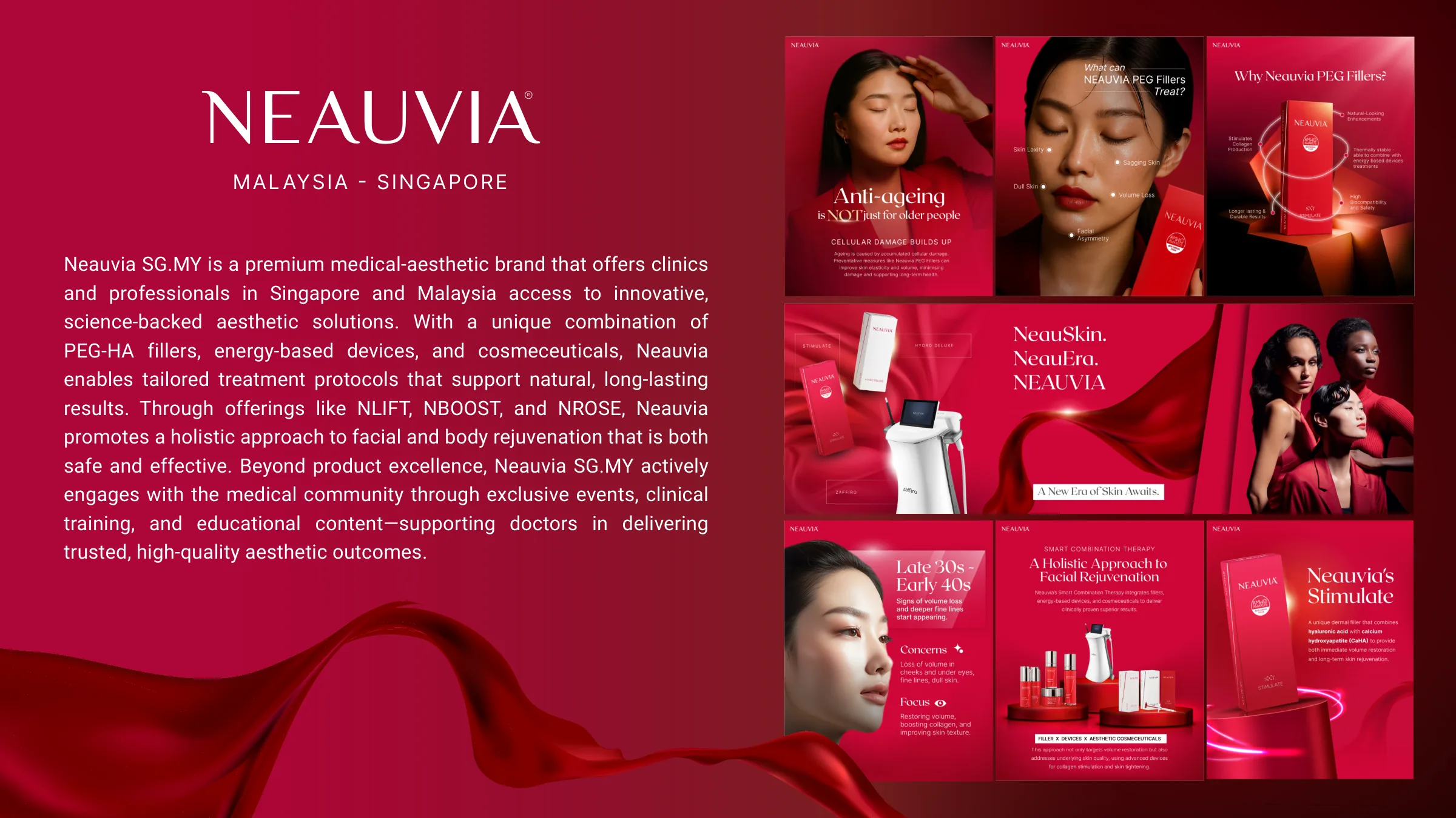 Neauvia social media grid in deep red with beauty portraits and product shots
