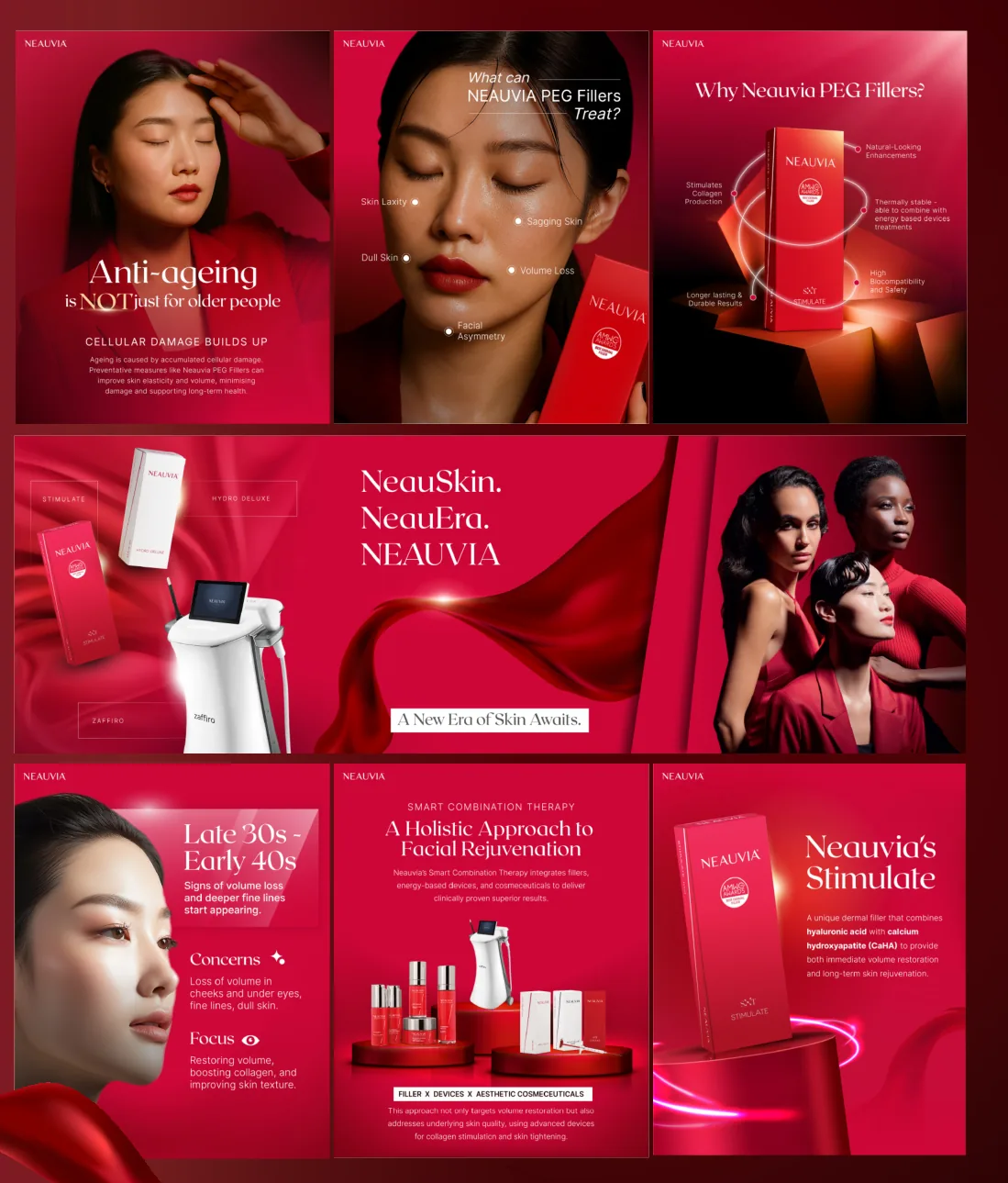 Neauvia social media grid in deep red with beauty portraits and product shots