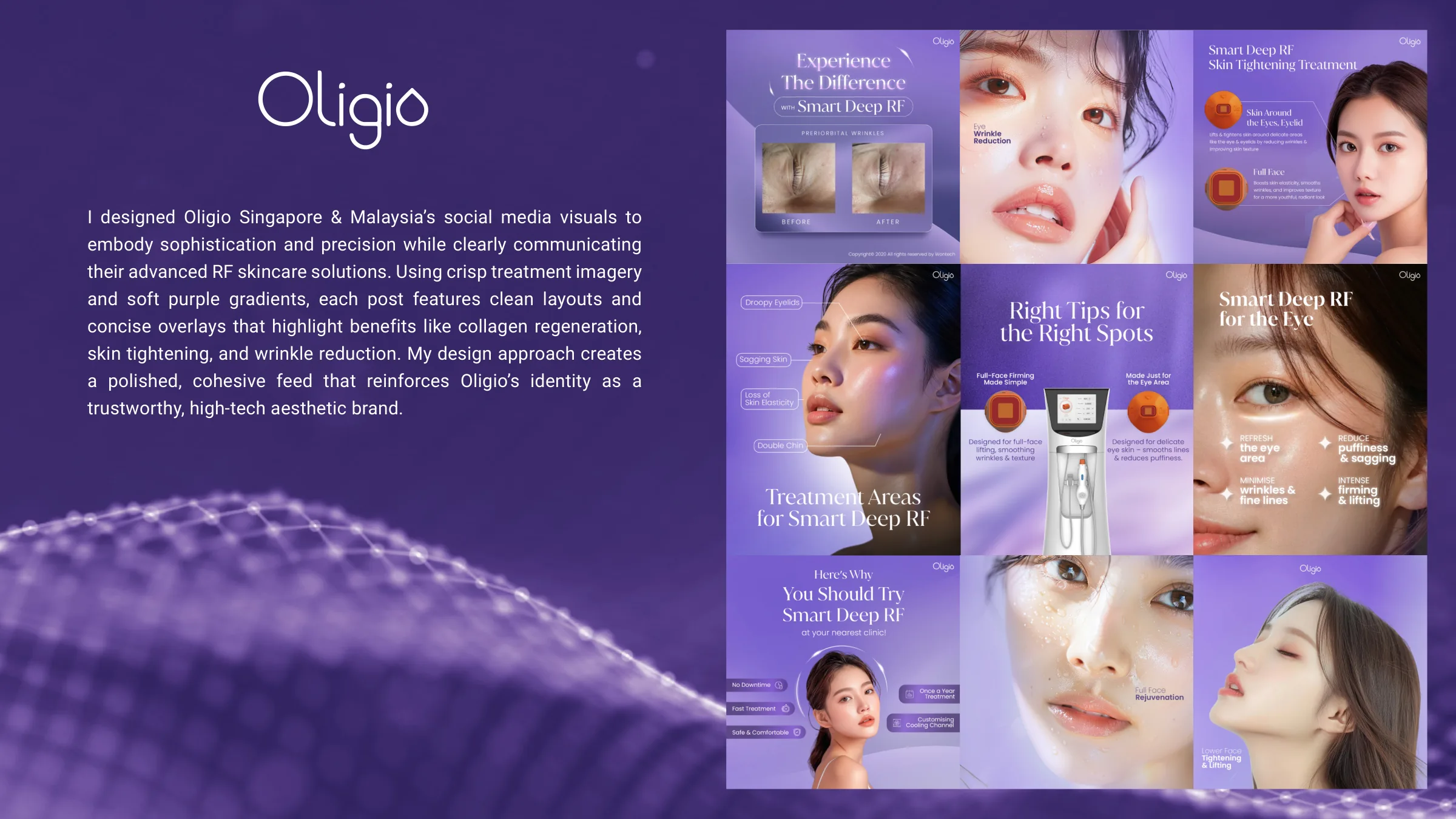 Oligio social media posts with purple gradients and skincare portraits