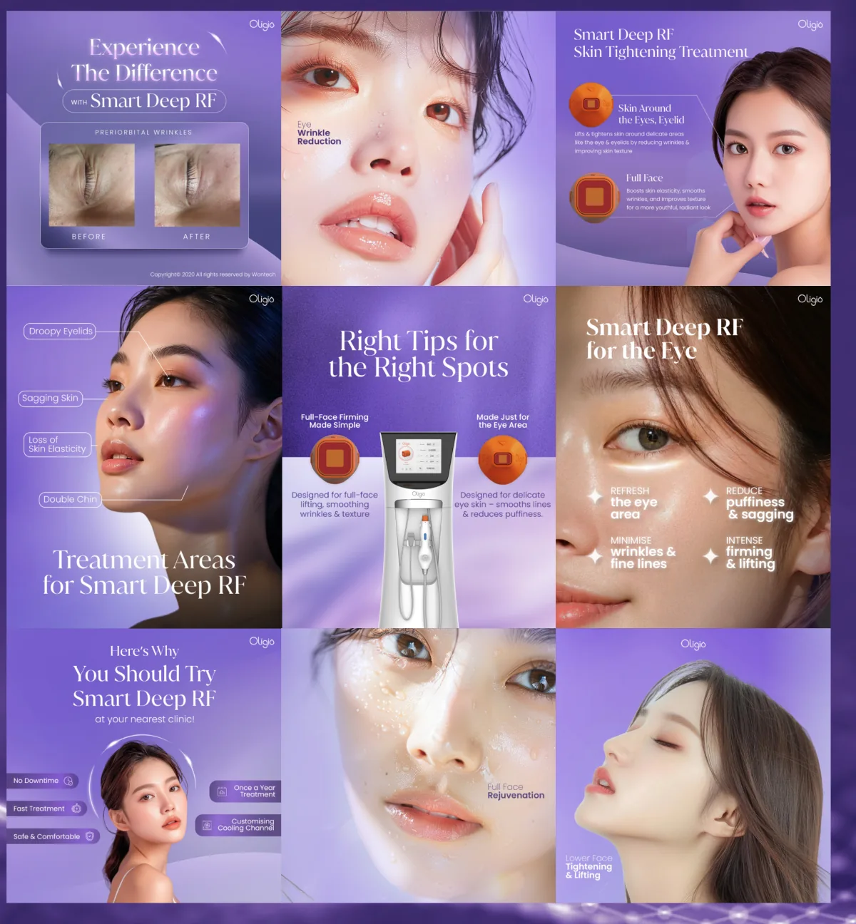 Oligio social media posts with purple gradients and skincare portraits