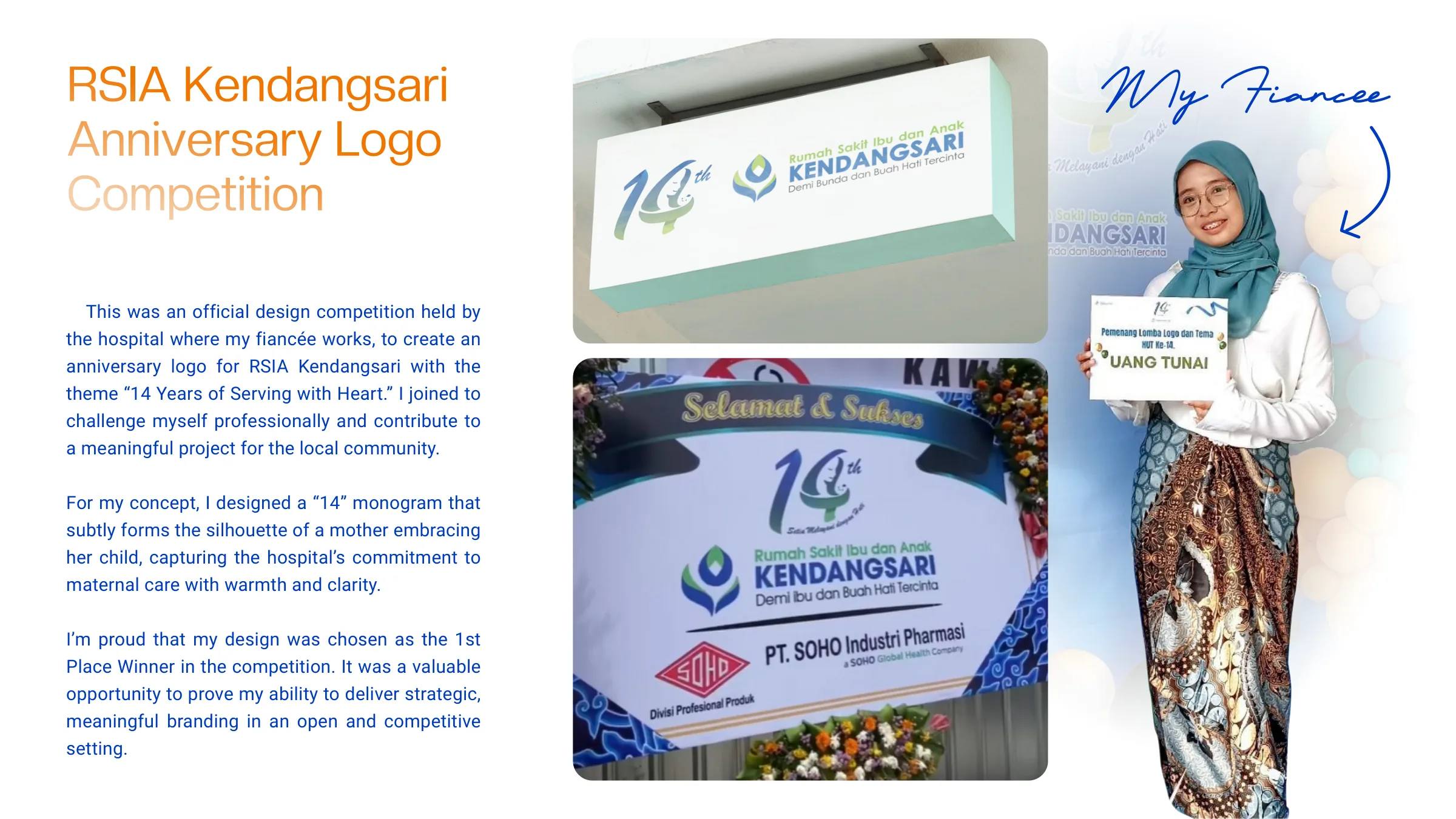 RSIA Kendangsari 14th anniversary logo on signage and the winner holding the prize