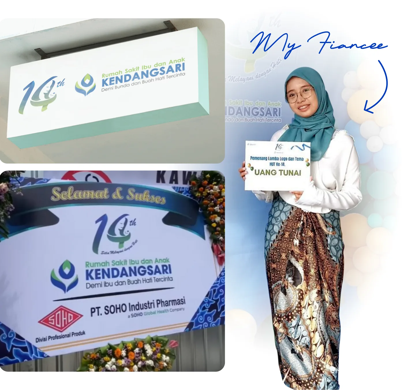 RSIA Kendangsari 14th anniversary logo on signage and the winner holding the prize