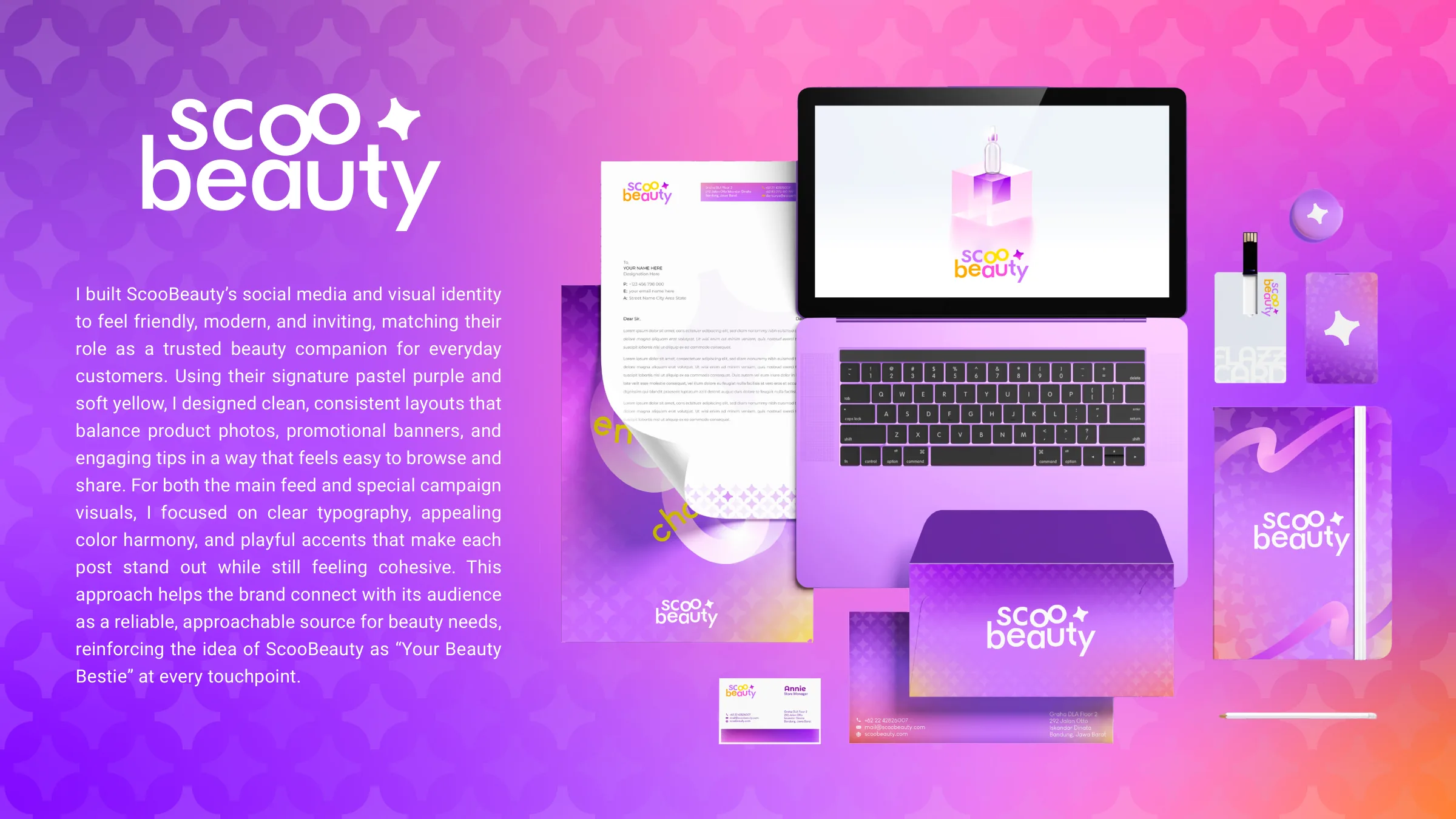 ScooBeauty stationery, laptop and packaging in pastel purple