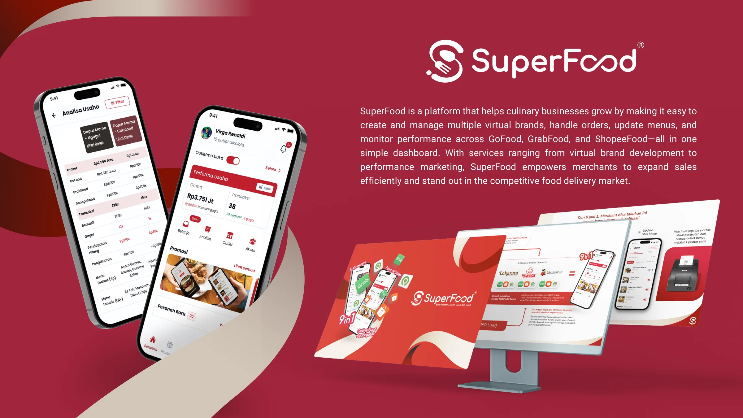 SuperFood app and dashboard shown on phones and a laptop