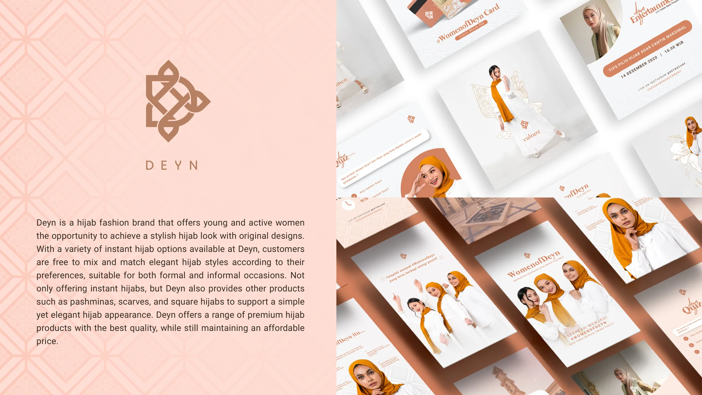 Deyn logo and social media layouts in warm peach