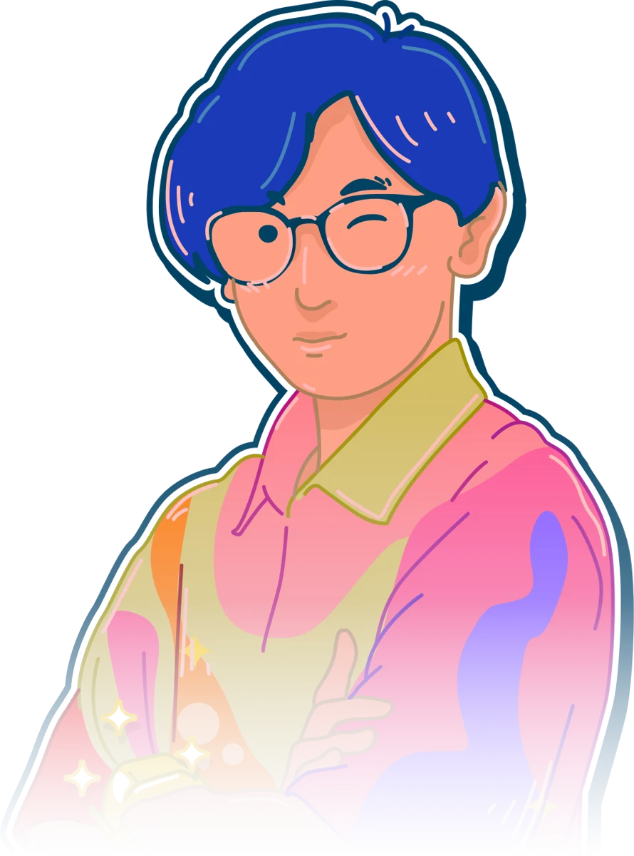 Erik's illustrated avatar: blue hair, round glasses, a wink